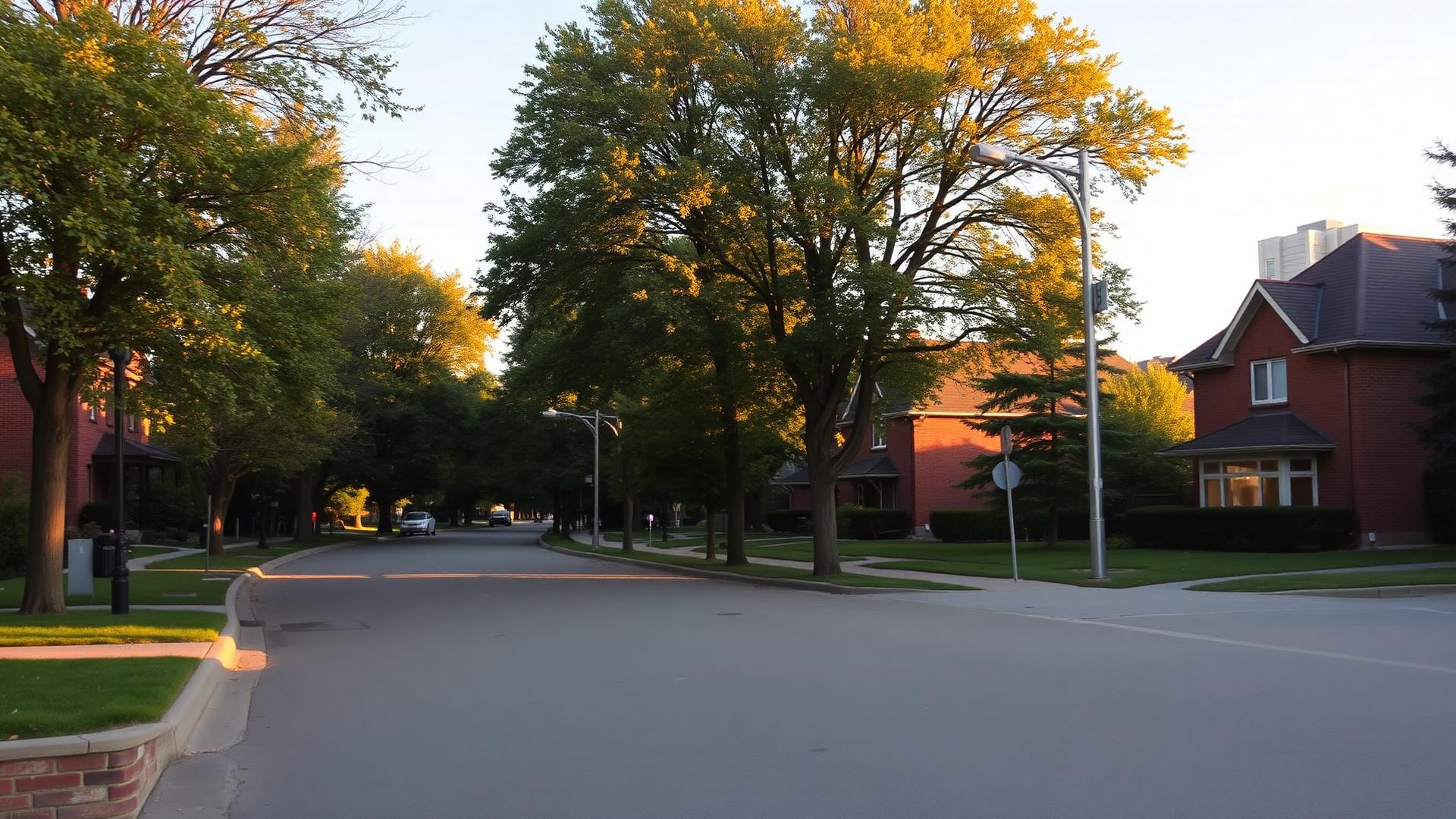 A tree-lined Toronto residential street of well-kept brick homes at golden hour